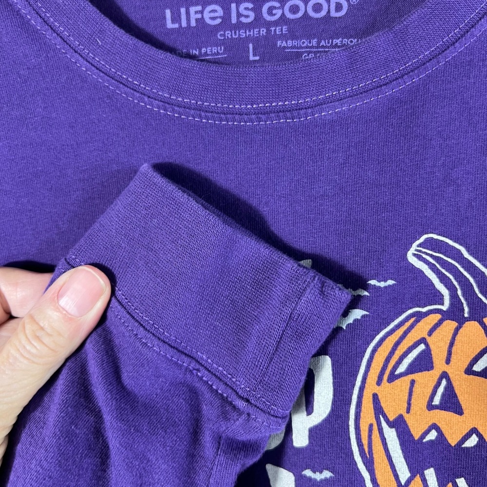 Womens Life is Good LS Crusher T Don't Stop Believin Pumpkin Halloween Purple L - Picture 7 of 9